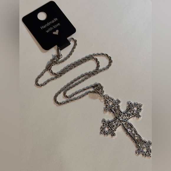 Gothic Cross Charm Necklace Floral Design Big Punk Goth Silver Tone - Picture 2 of 10